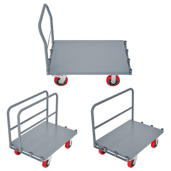 Huisuilinss Steel Panel Truck Cart 2200 LBS, Heavy Duty Platform Truck Cart with 2 Side Handrails, Lumber Cart Drywall Cart Flatbed Cart with 4 Rubber Swivel Casters for Garage, Warehouse