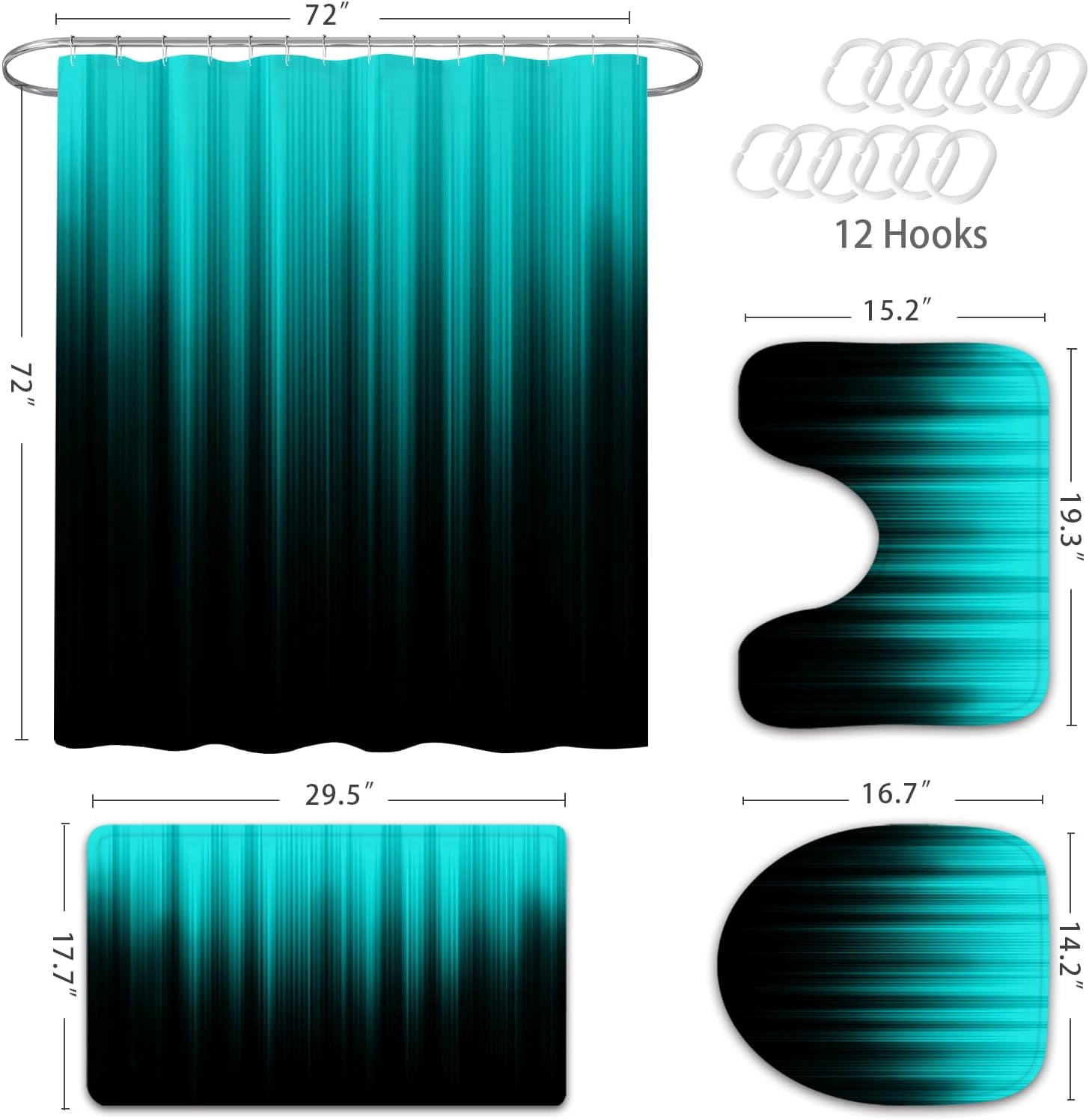 4 Pcs Teal and Black Shower Curtain Bathroom Set with Rugs, Toilet Lid Cover and Bath Mat, Gradient Teal Shower Curtain with 12 Hooks, Bathroom Decor Set