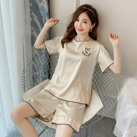 

PIKADINGNIS Faux Silk Pajamas Set Spring Summer Woman Pajamas Sleepwear Casual Short-sleeved Trousers Satin Silk Female Home wear Set
