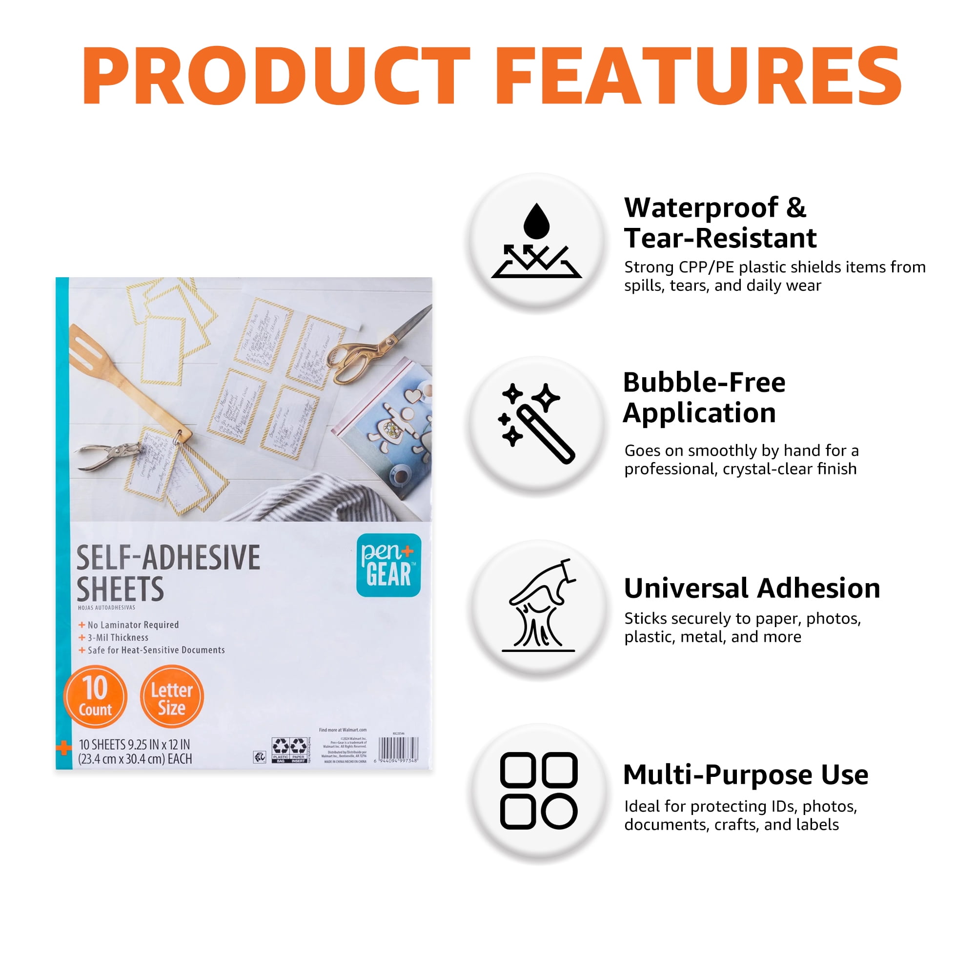 Pen+Gear Self-Adhesive  Sheets, 9.25" x 12", Letter Size, Clear, 10 Sheets