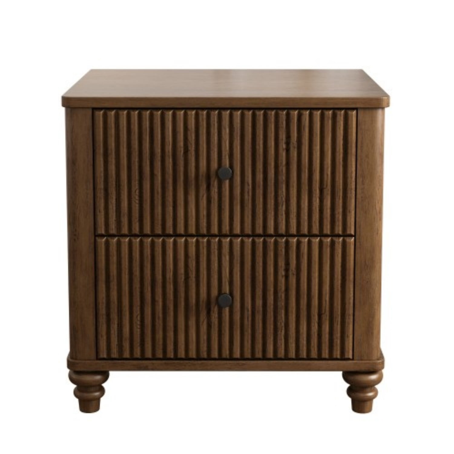 Fluted Nightstand, 21.65" Wide Mid Century Modern Bedside Table with 3 Drawers, Wood Storage End Table with Metal Handles for Bedroom Living Room, Walnut
