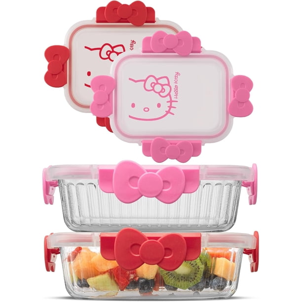Sanrio Hello Kitty - Recipient de vidrio triado con tapas, 2 recipient de almacenamiento de vidrio herméticos con tapas para cocina, recipiente reutilizable para preparar comidas para