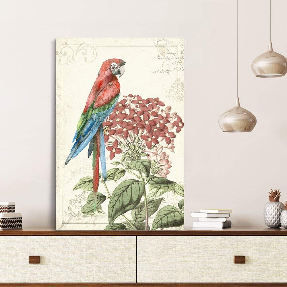 wall26 Canvas Wall Art Vintage Style Colorful Parrot on Floral