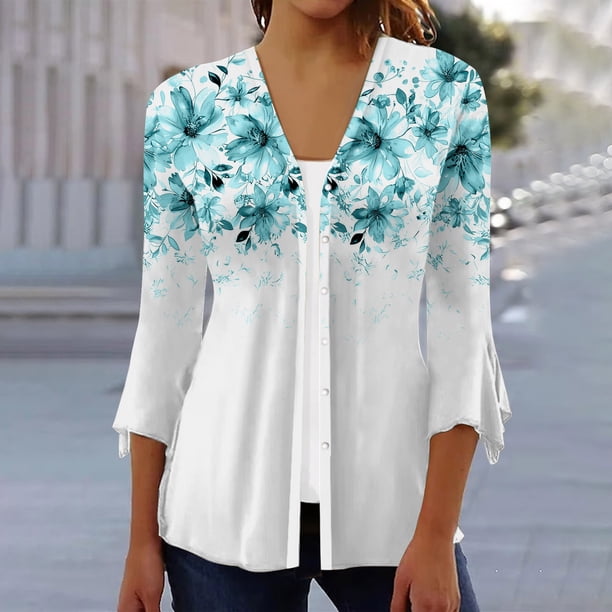 Xuyuer 3/4 Length Sleeve Womens Tops Round Neck Casual Summer Tunic Tops Basic Tees Blouses Cardigan Lightweight Button Down Casual Dressy T-Shirts Pleated Cute Shirts