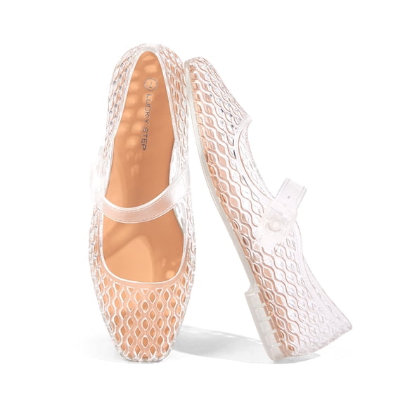 LUCKY STEP Womens Jelly Ballet Flats Buckle Strap Lightweight Mesh Clear Beach Sandals,Transparent