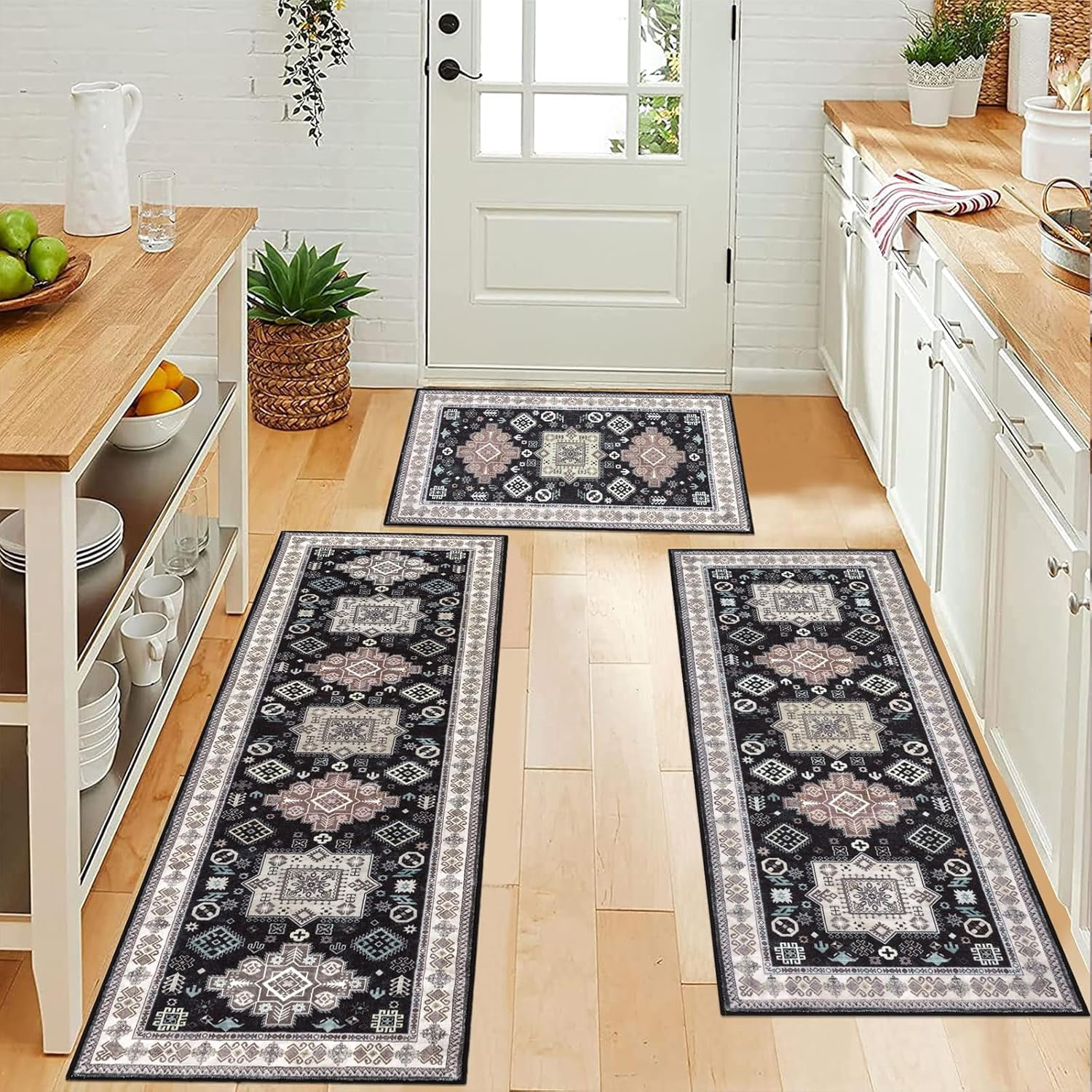 Farmhouse Kitchen Rugs Sets of 3, Kitchen Runner Rugs Non Slip Washable, Boho Kitchen Mats for Floor, Indoor Door Mat Entrance, Laundry Room Rug, Thick Kitchen Floor Mat Carpet