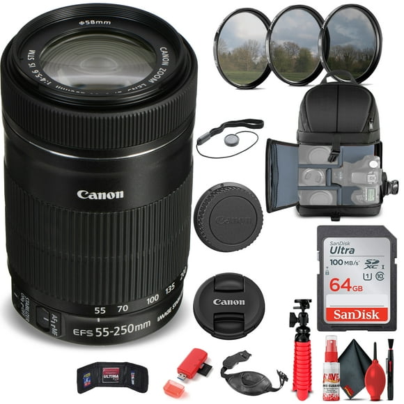 Canon EF-S 55-250mm f/4-5.6 IS STM Objectif (8546B002) + Filtre + Sac à Dos + Plus