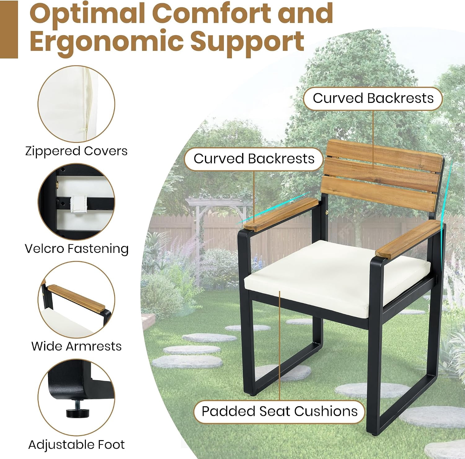 6-Piece Outdoor Patio Dining Set, Acacia Wood Table with 4 Chairs & Bench, Beige Cushions Seats 6-7 for Backyard Garden