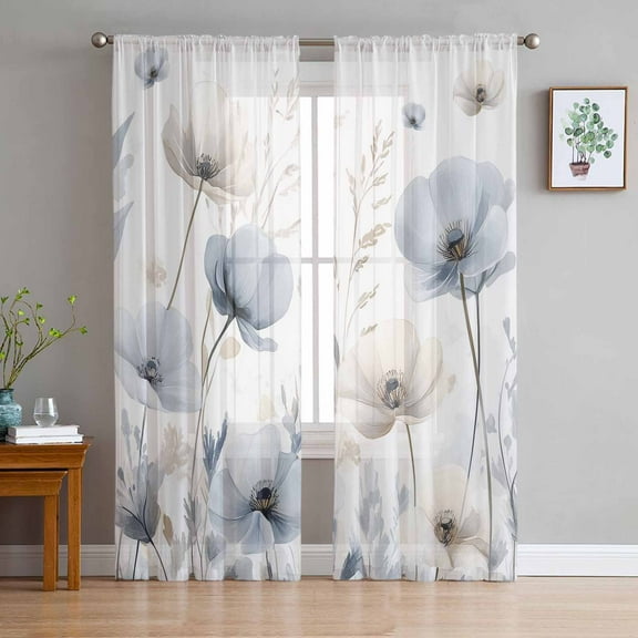 Botanical Blue Sheer Curtains 96 Inches Long 2 Panels Set, Window Sheer Curtains for Living Room/Bedroom, Spring Floral Flower Plant Herb Watercolor Light Filtering Rod Pocket Curtain 52'' x 96'' x 2