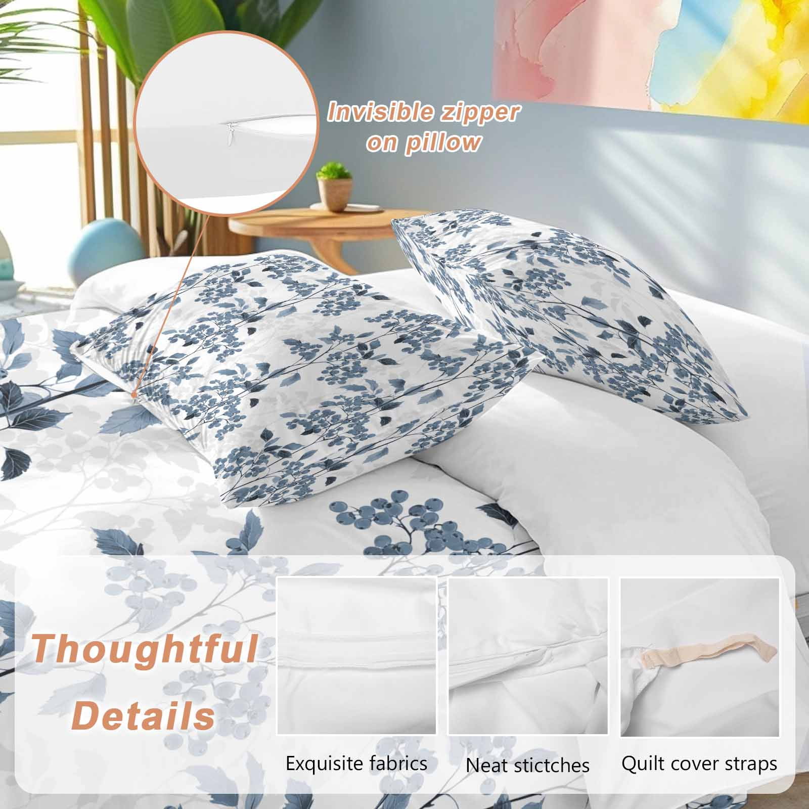 Blue Fruit Bedding 3 Piece Duvet Cover Set California King, Vintage Plant Nature Botanical Flower Floral Soft Microfiber Comforter Cover with Zipper Closure & Pillowcases, FadeResistant Quilt Cover