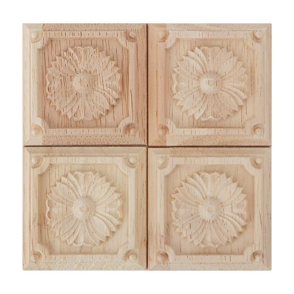 Greensen 4Pcs Carving Checkered Applique Unpainted Decal for Furniture Decoration, Wooden Carving Decal, Square Wood Carved Decal