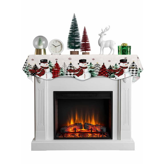 Beige Christmas Mantel Scarf Fireplace Decorations for Living Room, Snowman Plaid Xmas Tree Winter Snowflake Fireplace Mantel Scarf Cover Runner for Halloween/Thanksgiving/Christmas Decor 60"x17"
