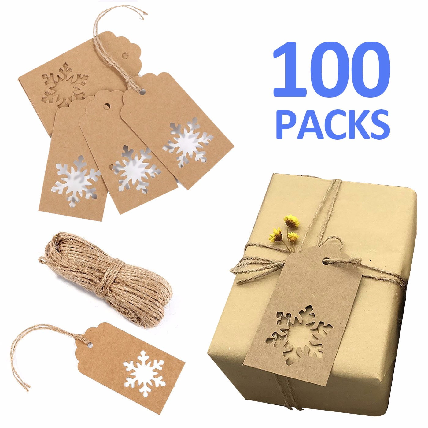 Paper Tags Kraft Gift Tags Snowflake Shape Hang Labels with 30 Meters Natural Jute Twine for DIY ...