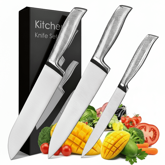 GoGeiLi 3-Piece Chef Knife Set - 8" Chef, 7" Santoku, 5" Utility Knives - High-Carbon 5Cr15MoV Stainless Steel with Full Tang & Non-Slip Handle - for Home and Professional Kitchens