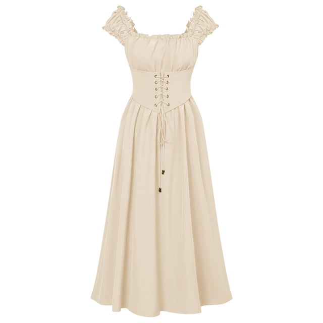 HNMKIU Robe Corset Élégante Robe Midi en Dentelle pour Femme Gothique Beige,P