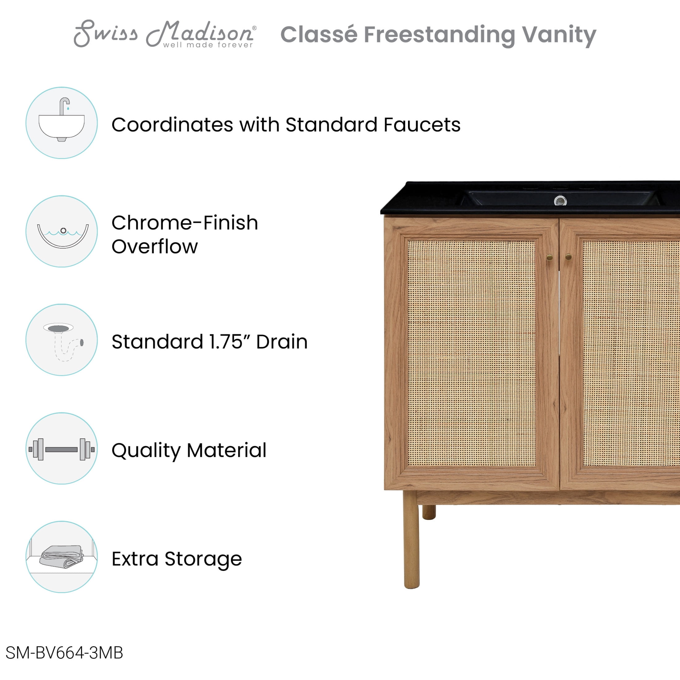 Classe 30" Freestanding Bathroom Vanity in Golden Oak with Black 3-Hole Widespread Sink Top