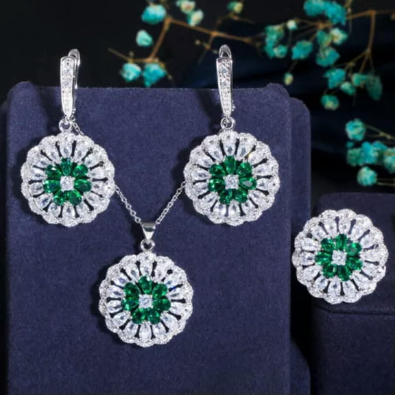 Silver Plated Red Cubic Zircon Round Sunflower Necklace Earring Ring Jewelry Set