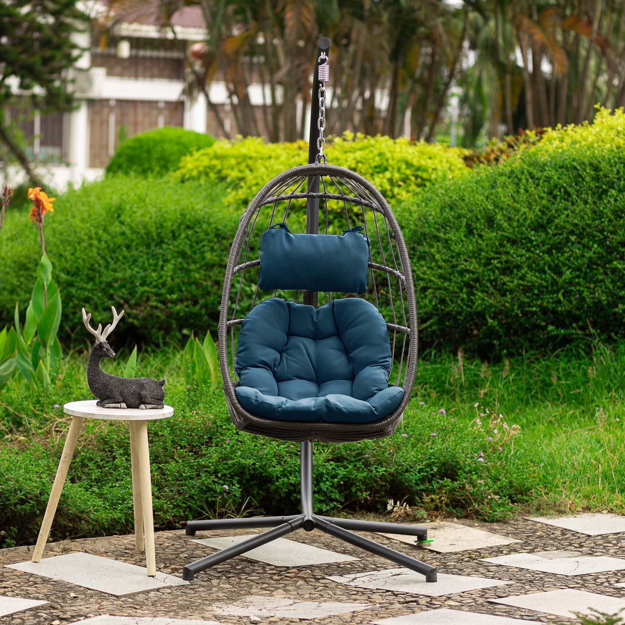  Egg Swing Chair with Stand, Rattan Wicker Hanging Egg Chair for  Indoor Outdoor Bedroom Patio Hanging Basket Chair Hammock Egg Chair with  Aluminum Steel Frame and UV Resistant Cushion 350lbs Capacity 