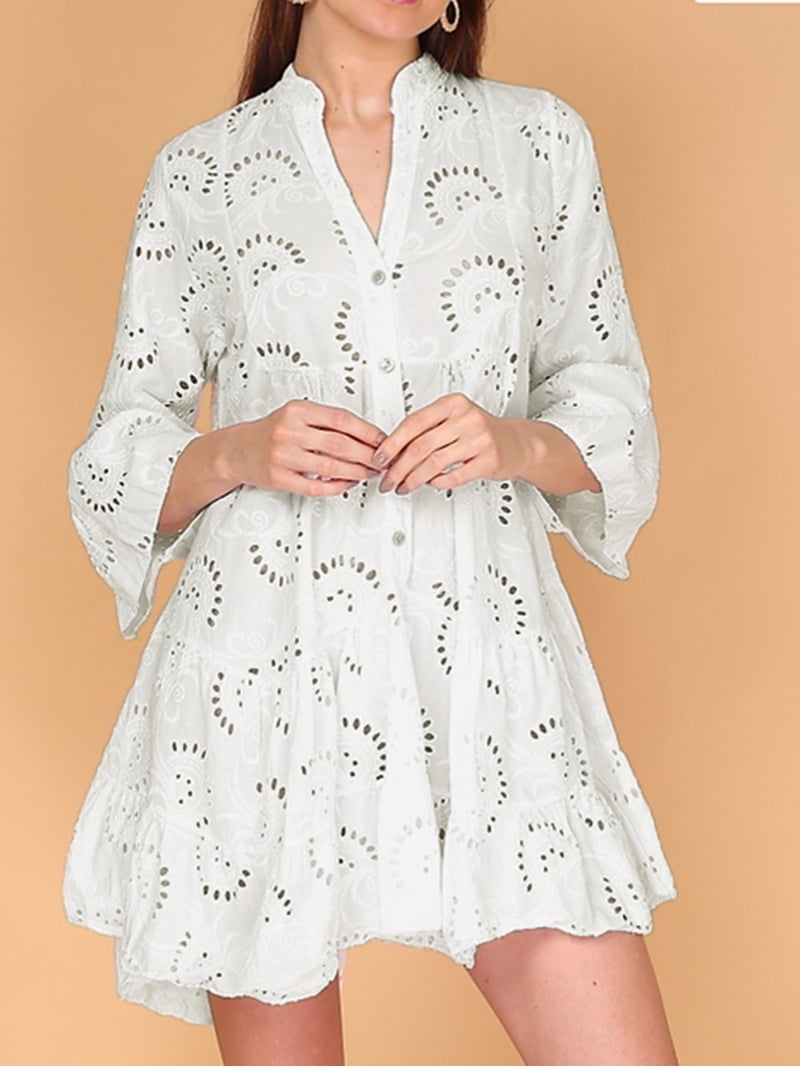 Biekopu Women's Embroidery Lace Shirt Dress Eyelet Hollow Out Long Sleeve Front Button V-Neck Loose Midi Dress for Party - Walmart.com Biekopu Women's Embroidery Lace Shirt Dress Eyelet Hollow Out Long Sleeve Front Button V-Neck Loose Midi Dress for Party - Walmart.com