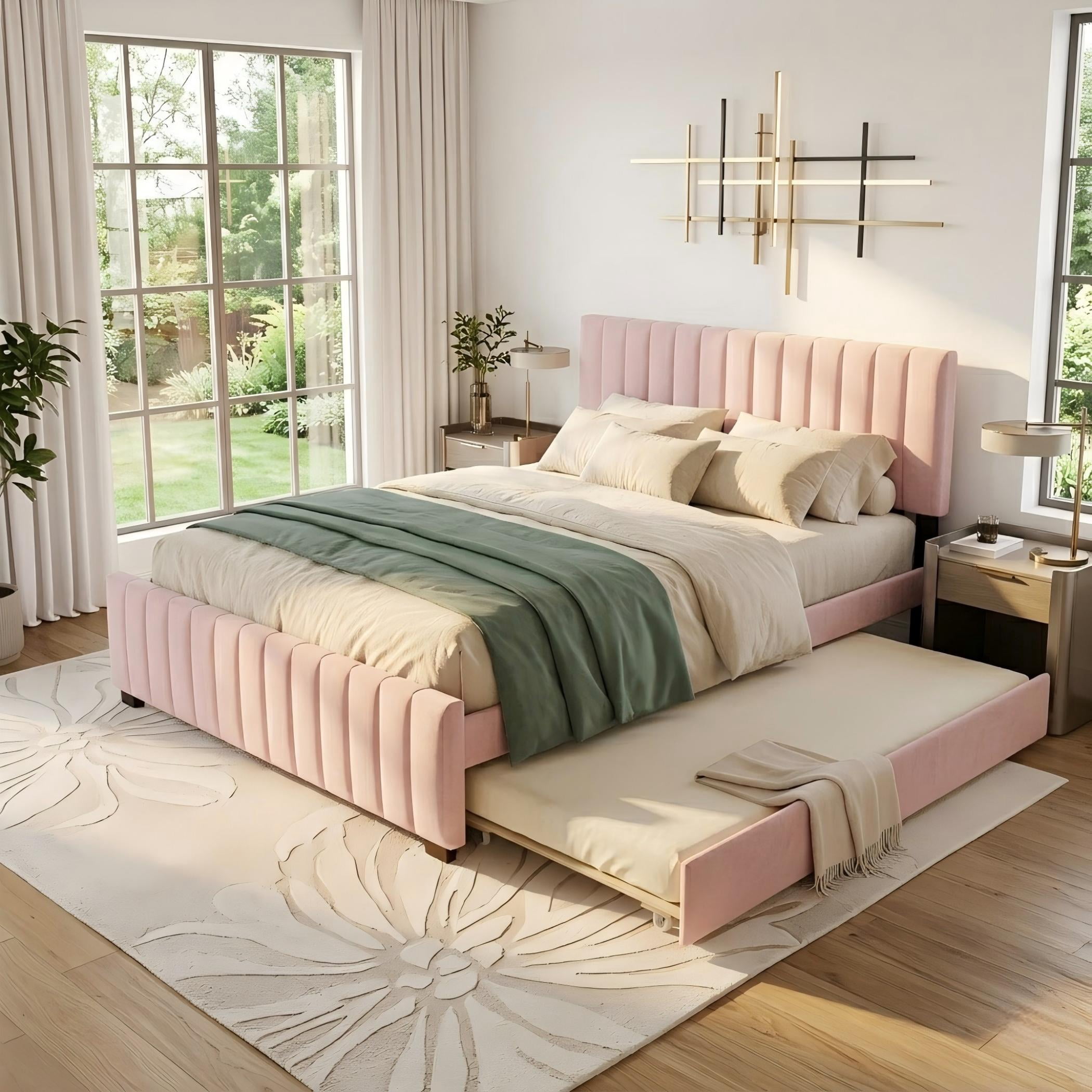 Aukfa Queen Size Upholstered Bed Frame with Twin XL Trundle, Velvet Tufted Headboard & Footboard, Pink