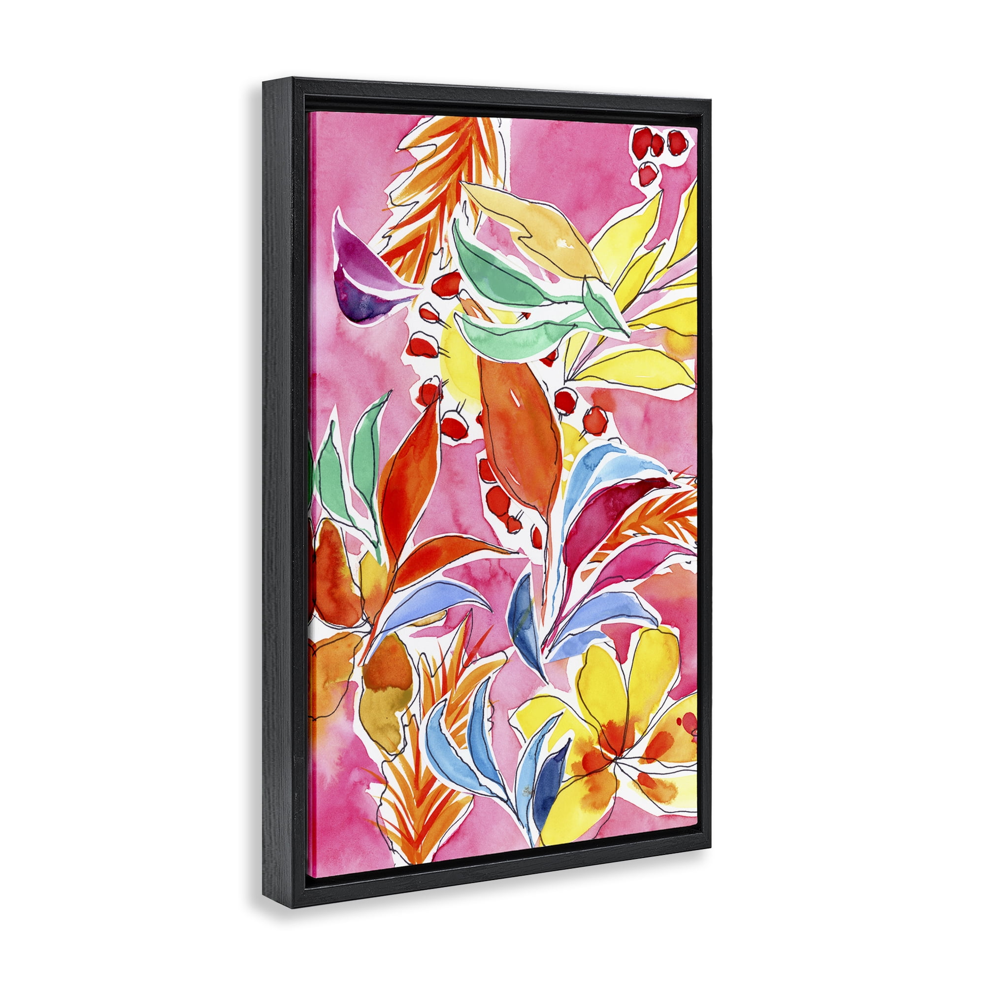 Stupell Industries Whimsical Leaves on Pink Plants & Flowers Painting Black Floater Framed Canvas Art Print Wall Art, 17 x 25