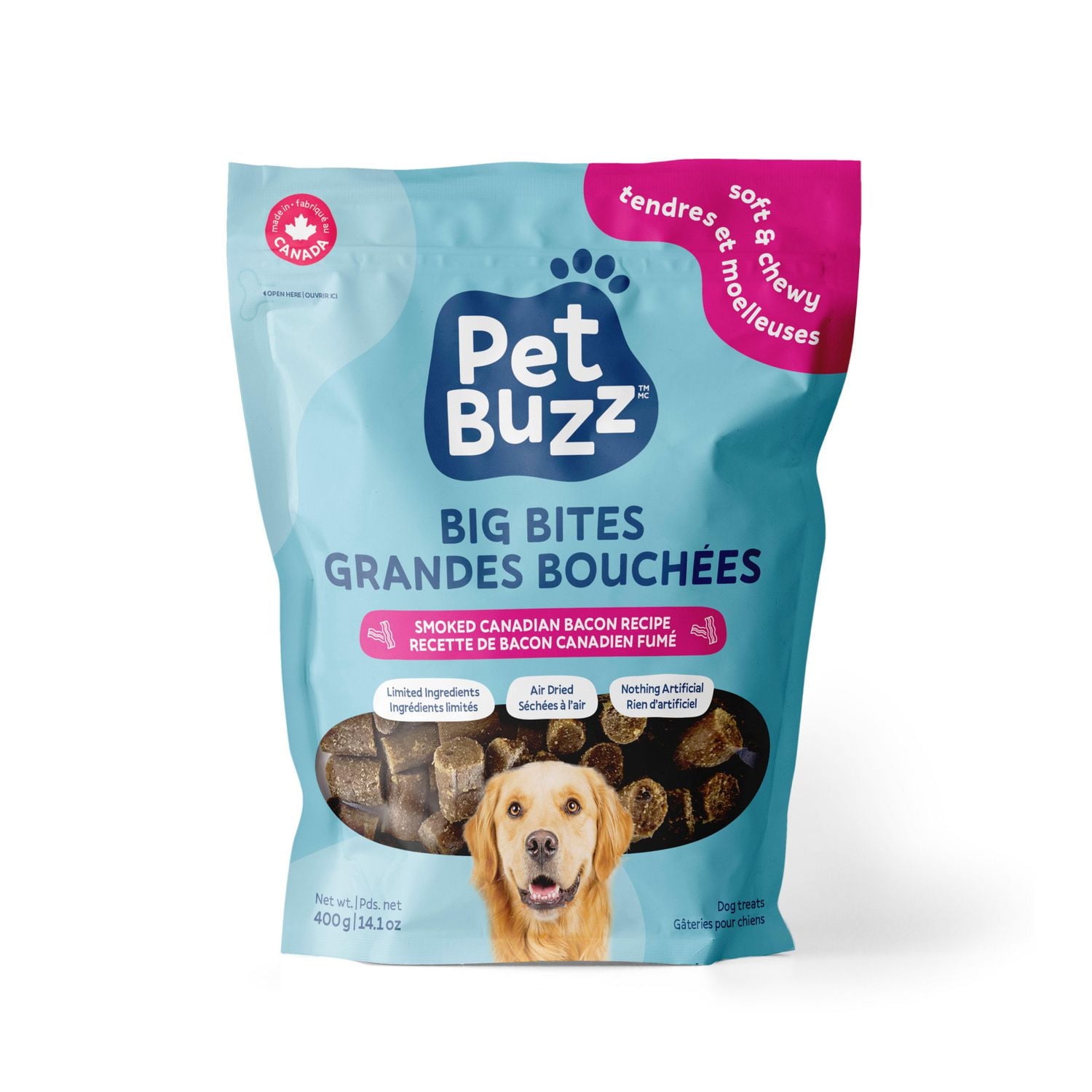 Pet Buzz Big Bites All-Natural Dog Treats, Soft & Chewy, Smoked Canadian Bacon Dog Recipe, Available in 150g, 400g and 800g Bag, Made in Canada