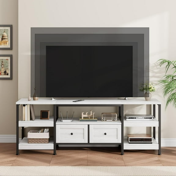 63" TV Stand for TVs Up to 65",Industrial Media Console with 2 Drawers, Adjustable Open Shelves & Sturdy Metal Frame Entertainment Center, White