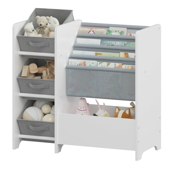 Kids Bookshelf and Toy Storage Organizer, Multifunctional 4 Tier Kids Book Shelf with 3 Collapsible Fabric Drawers, Children's Book Display in Room Playroom Nursery , White
