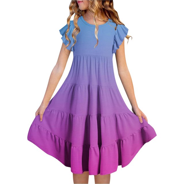 2025 Robes pour Filles Robe d'Été Dégradé Décontractée à Rayures pour Filles Robe T-Shirt Robe Confortable (6 15 Ans de Robe) Vêtements de Patineuse pour Filles 4-6 Robes pour