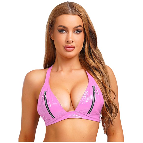 Moggemol Women's Wet Look Patent Leather Bralette Zipper Front No Pad Y-back Crop Top for Clubwear Pink 4XL