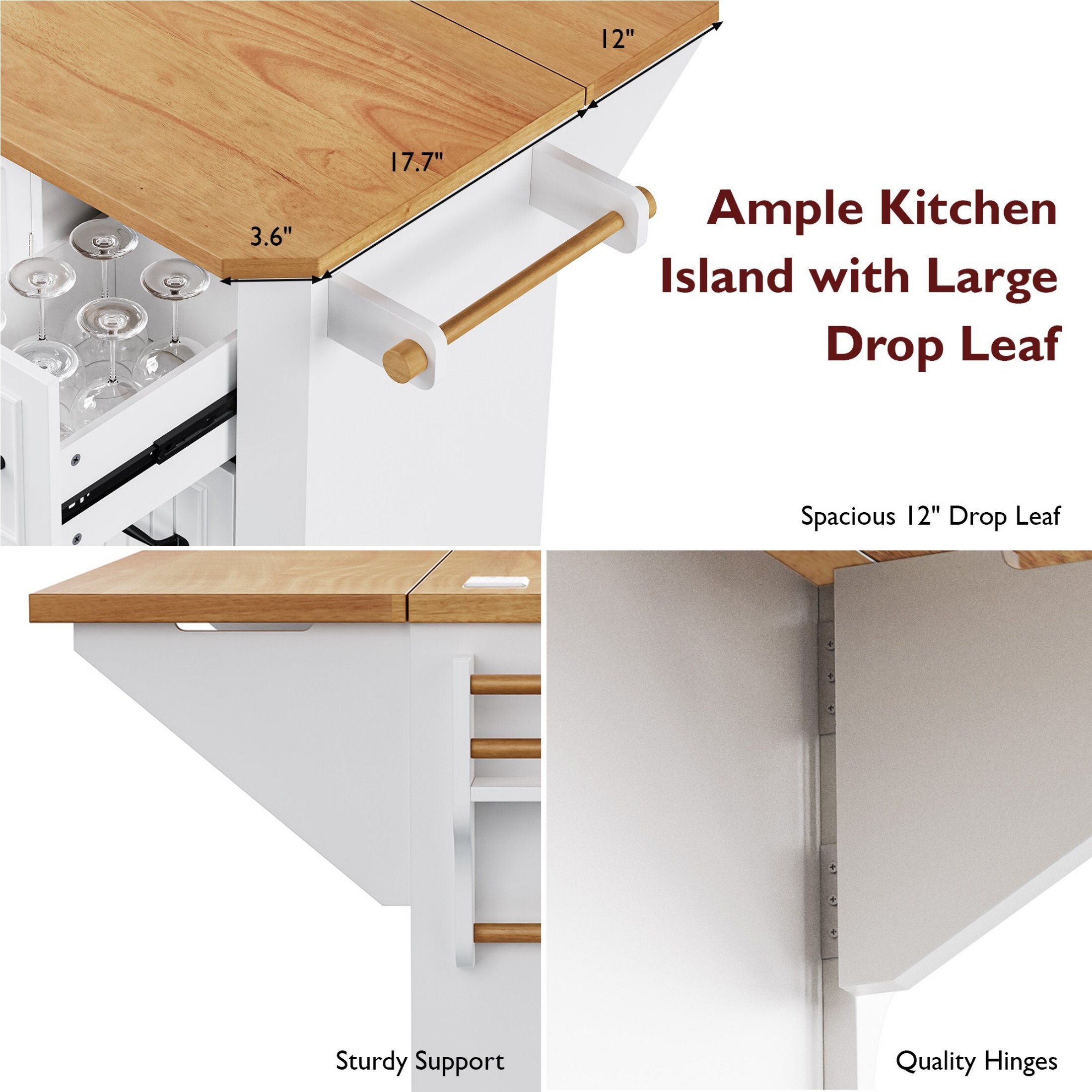 AENKYO 47'' Kitchen Island with Drop Leaf and Power Outlet, Farmhouse Rolling Kitchen Storage Cart with 6 Drawers, White
