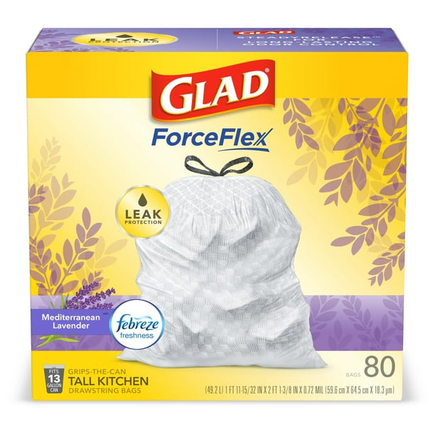 Glad Forceflex Tall Kitchen Trash Bags 13 Gallon 80 Count Mediterranean Lavender Scent Walmart Com Walmart Com