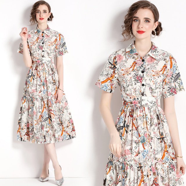 Dropshipping Nouvelle Robe Midi Décontractée d'Été Automne Imprimé Fruits Nœud Papillon Col Foulard Manches 3/4 Taille Empire Femmes Soirée Plage