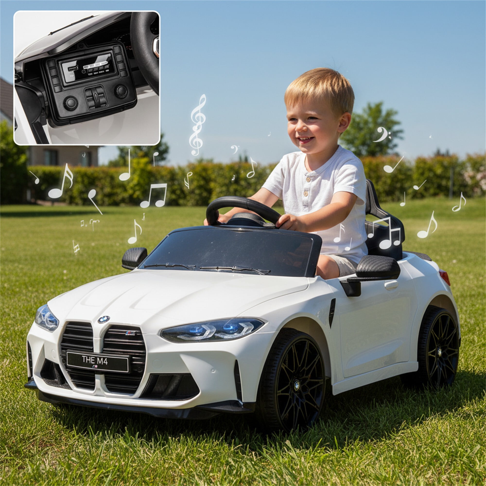 BMW M4 12V Kids Ride On Toy Car with Parents Remote, Electric Car with USB/MP3, Bluetooth, LED Light, Toddler Car with A Handle with Wheels and A Pull, Easy to Carry, Gift for Boys Girls 2-5, White