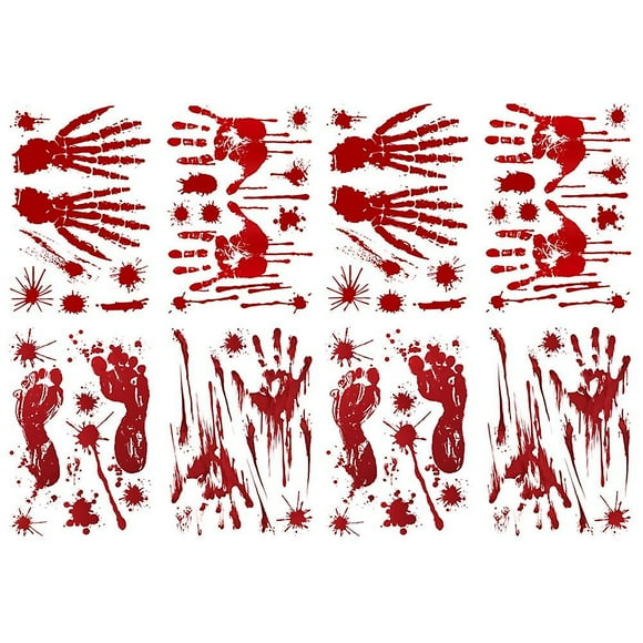 8 Pcs Bloody Halloween Decorations Halloween Bloody Handprint Footprints Knife Stickers Window Wall Floor Clings Decals Horror Bathroom Zombie Party D