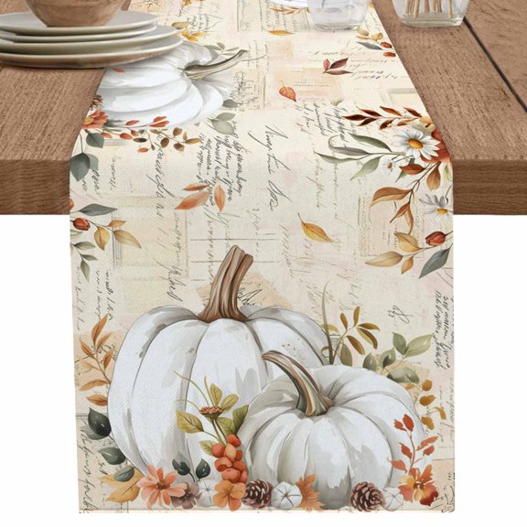nqOlkjepod White Pumpkin Table Runner 48 Inches Long Farmhouse Dress Scarves, Vintage Thanksgiving Autumn Leaves Dining Tablerunner for Coffee Table/Kitchen Island/Party Décor, 13" x 48"
