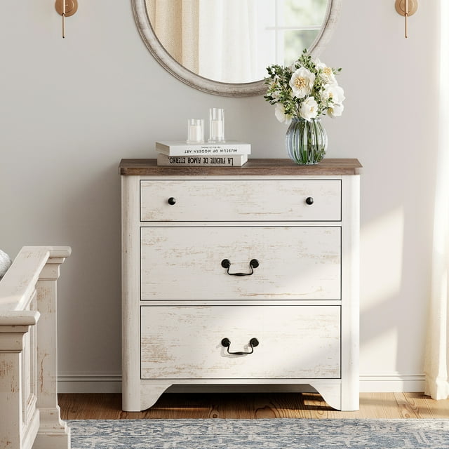 WAMPAT Farmhouse 3-Drawer Dresser for Bedroom – Spacious Wooden Storage Organizer for Nursery, Bedroom, and Living Room, 31.5", Rusic White