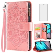 Compatible with Tracfone BLU View 4 B135DL Wallet Phone Case and Tempered Glass Screen Protector Flower Faux Leather Flip Credit Card Holder Stand Zipper Cell Cover for BLUE View 2 View4 Women Pink