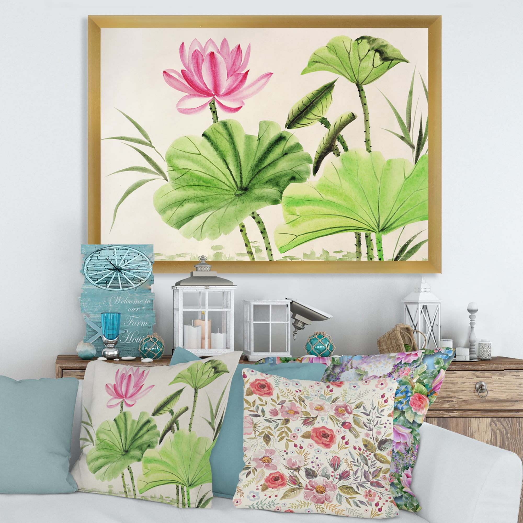 Designart 'Ancient Pink Lotuses In The Pond V' Traditional Framed Art Print