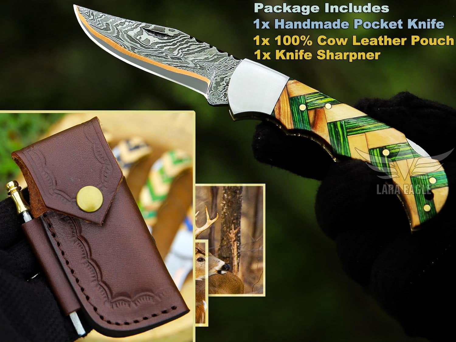 Copper Damascus Pocket Knife – Olive & Green Handle, Folding Tactical Hunting Knife with Sheath & Sharpener – Perfect for Outdoor Use