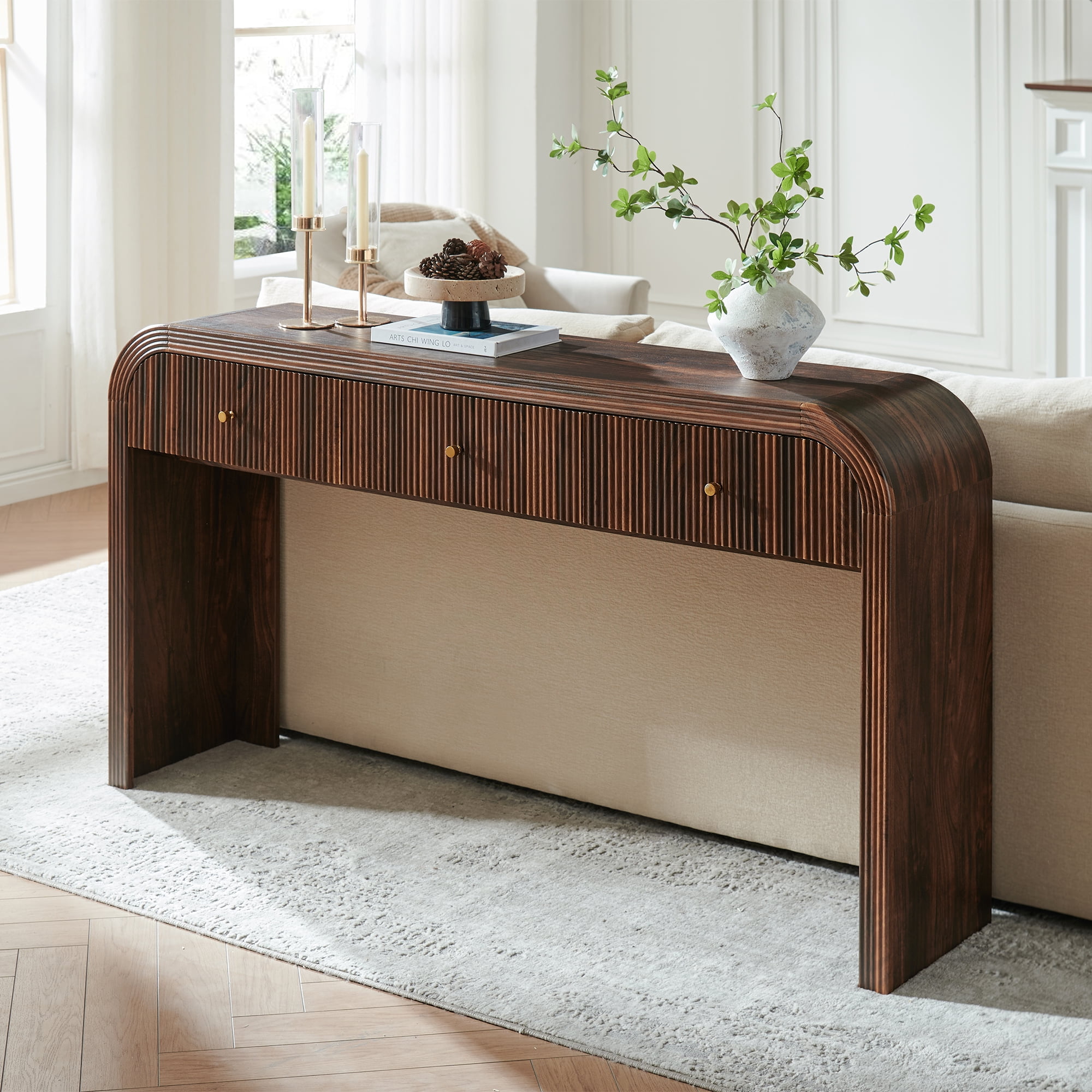 KeyWhat 63" Modern Fluted Console Table with 3 Drawers, Curved Edges & Anti-Tip Safety Kit
