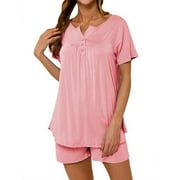 Strawbarry Sleepwear Women Solid Color V Neck Short Sleeve Button Sleepwear Set Soft All-match Female Sleepwear