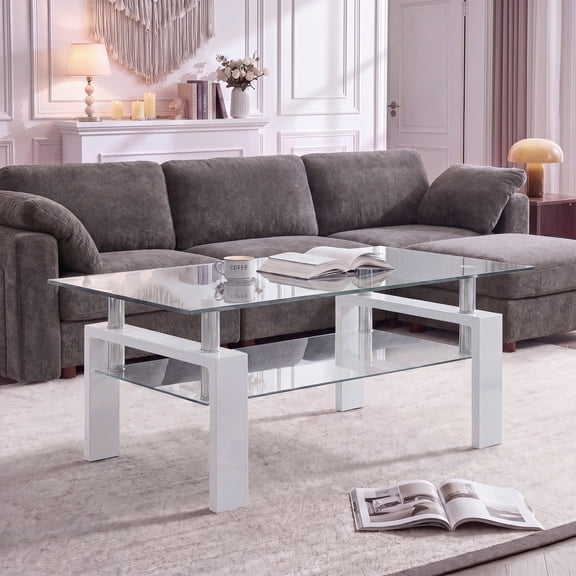 Glass Coffee Table with Lower Shelf, Holaki Modern Rectangular Tempered Glass Center Table with Metal Legs for Living Room, White