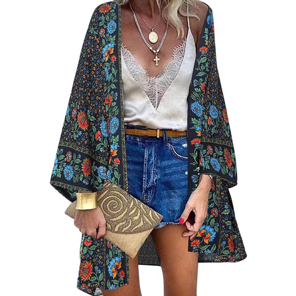 Bathing suit cover up women floral pressure kimono poncho summer beach cardigan boho beach dress ethnic beach tunica women summer chiffon cardigan long bikini coverups summer jacket beach, 3XL