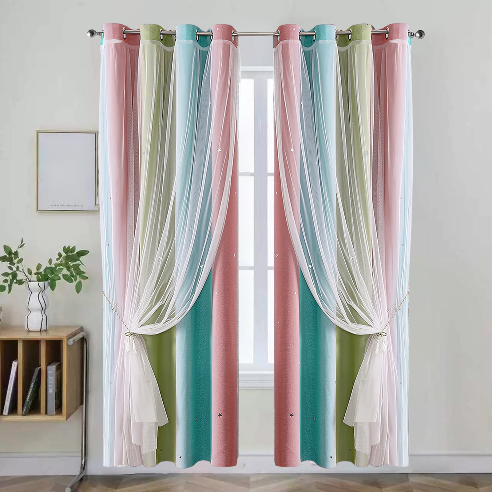 Ombre Rainbow Blackout Curtains for Girls Bedroom Living Room Darking Stripe Double Layer Star Cut Out Wall Home Decor Gradient Grommet Window Curtains (1 Panel, 39.37×51.18in)