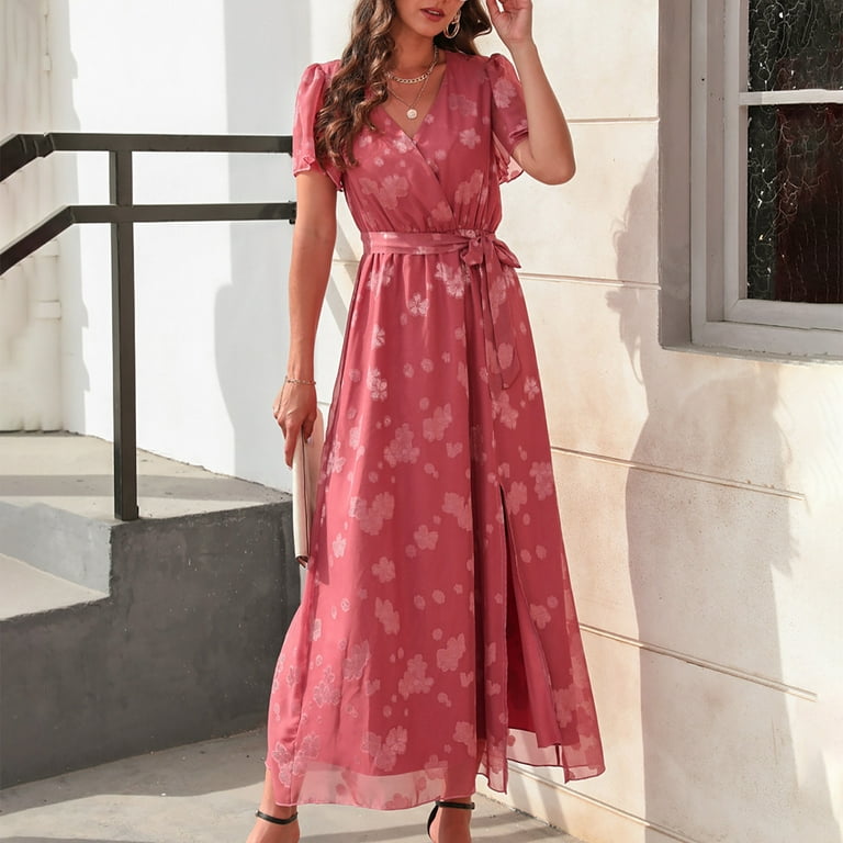 HAPIMO Women's Maxi A Line Dress Floral Print Tops Short Sleeve Clothing V  Neck Bandage Empire Waist Side Split Summer Dresses for Female Watermelon  Red XL Rollbacks 