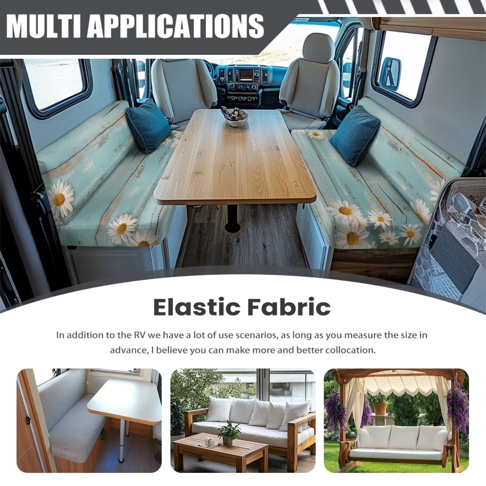 Boatee Beautiful Daisy RV Dinette Cushion Covers Universal Camper Accessories Comfortable Cushion Covers for Couches and Sofas Soft Sofa Slip Covers for 2 Seat Cushion Couch Blue