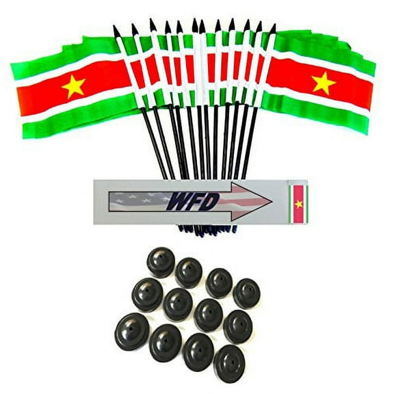 Pack of 12 4"x6" Suriname Polyester Miniature Office Desk & Little Table Flags, 1 Dozen 4"x 6" Suriname Small Mini Handheld Waving Stick Flags with 12 Flag Bases (Flags with Stands)