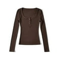 thumbnail image 2 of Arlun,Button up V-Neck T Shirts for Women Petite Stretchy Slim Fit Long Sleeve Fall New Tops Ladies Solid Color Round Neck Basic Tee Shirts Coffee S, 2 of 4