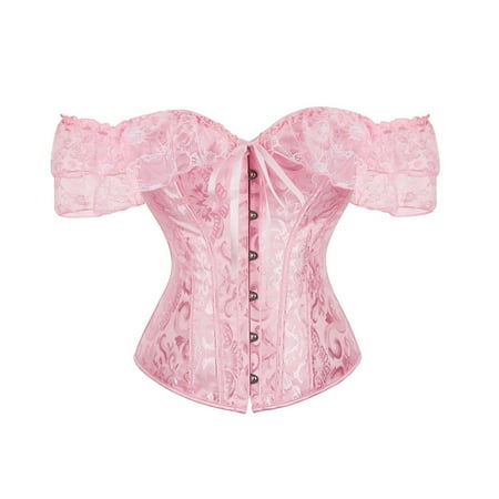 MNCEKFOD Shapewear for Women Sexy Stretch Lace Up Vintage Boned Bustier Corset With Garters Boned Overbust Corset Bustier Lingerie Pink S